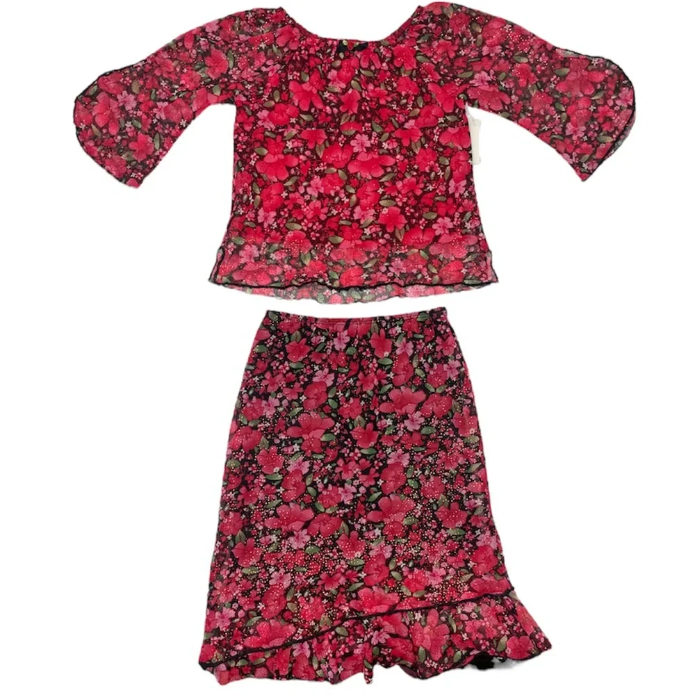 Girls Dress Set Sparkling Floral Glitter Red 2 pc Skirt & Blouse Dressy Outfit